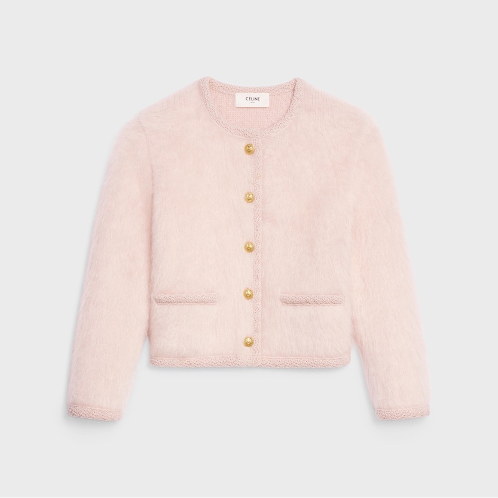 Pink Celine Chasseur cardigan Jacket in brushed mohair